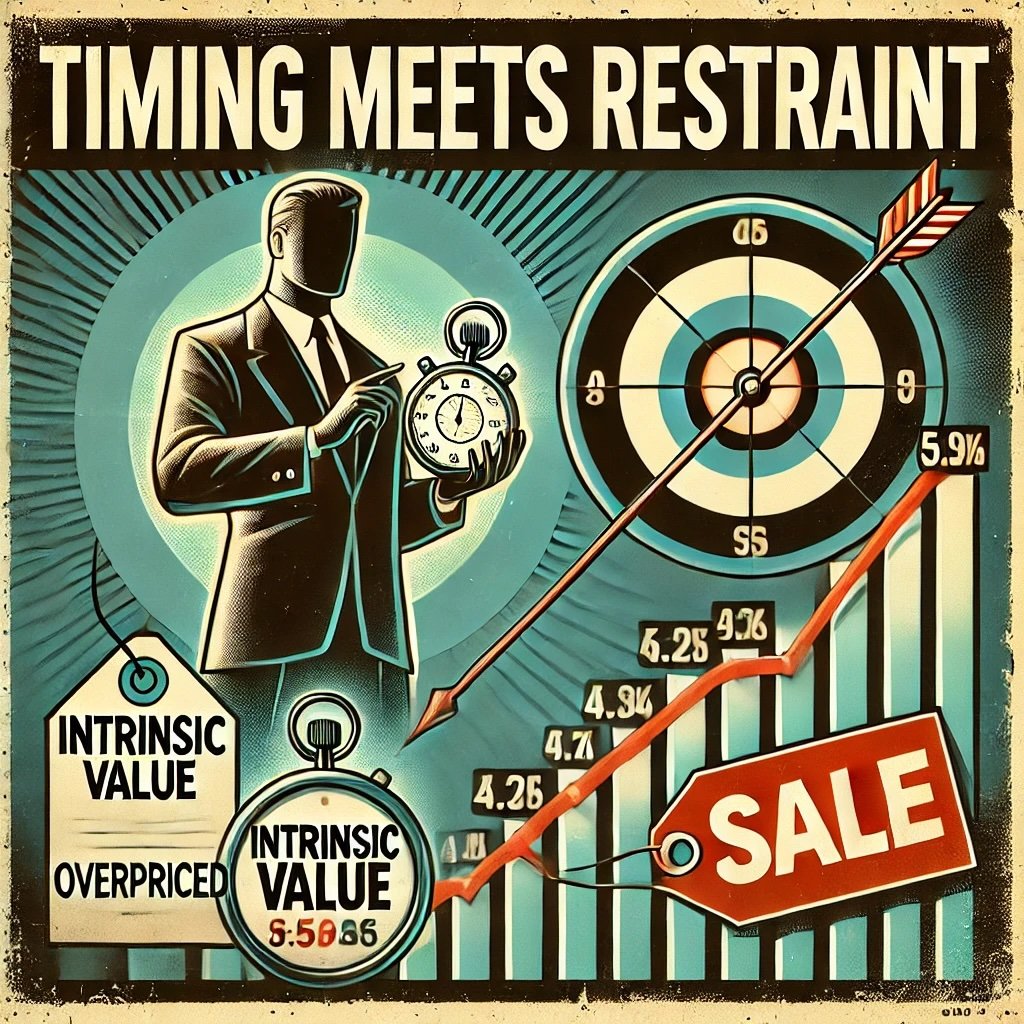 Timing Meets Restraint illustrates a figure holding a stopwatch and a valuation chart, standing next to a glowing target labeled Intrinsic Value