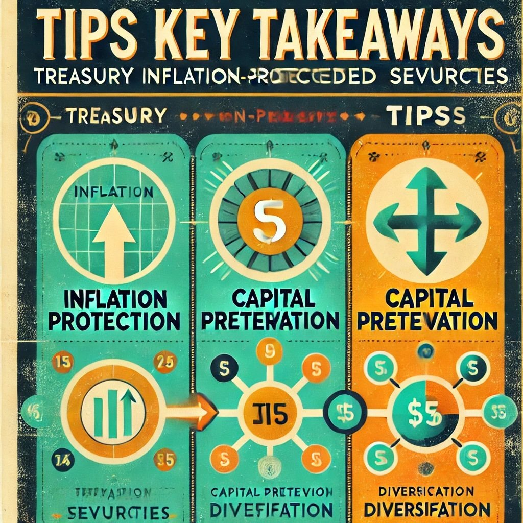 TIPS Key Takeaways highlighting the primary advantages of incorporating TIPS into a portfolio like Inflation Protection, Capital Preservation, and Diversification