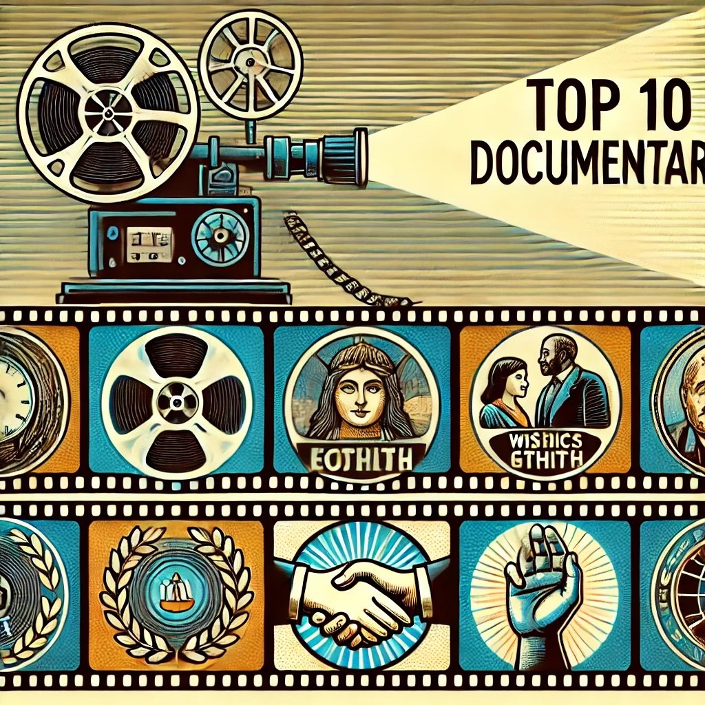 Top 10 Documentaries Warren Buffett with film reels arranged in a nostalgic style, each subtly etched with titles