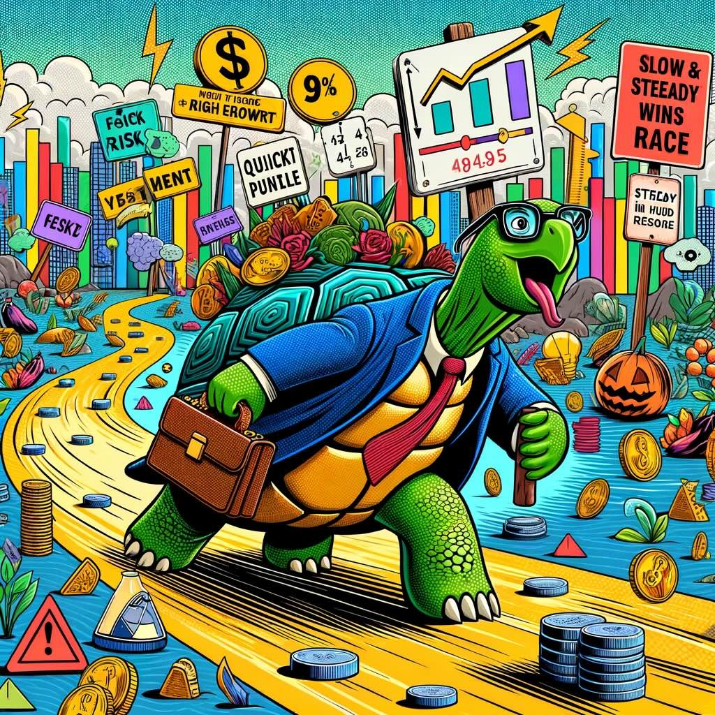 "Tortoise Portfolio" image, humorously depicting the investment strategy of patience and long-term growth. A cartoon tortoise, embodying the cautious and steady investor, navigates a colorful landscape of long-term investments, underscoring the wisdom of a slow and steady approach towards achieving financial goals. 