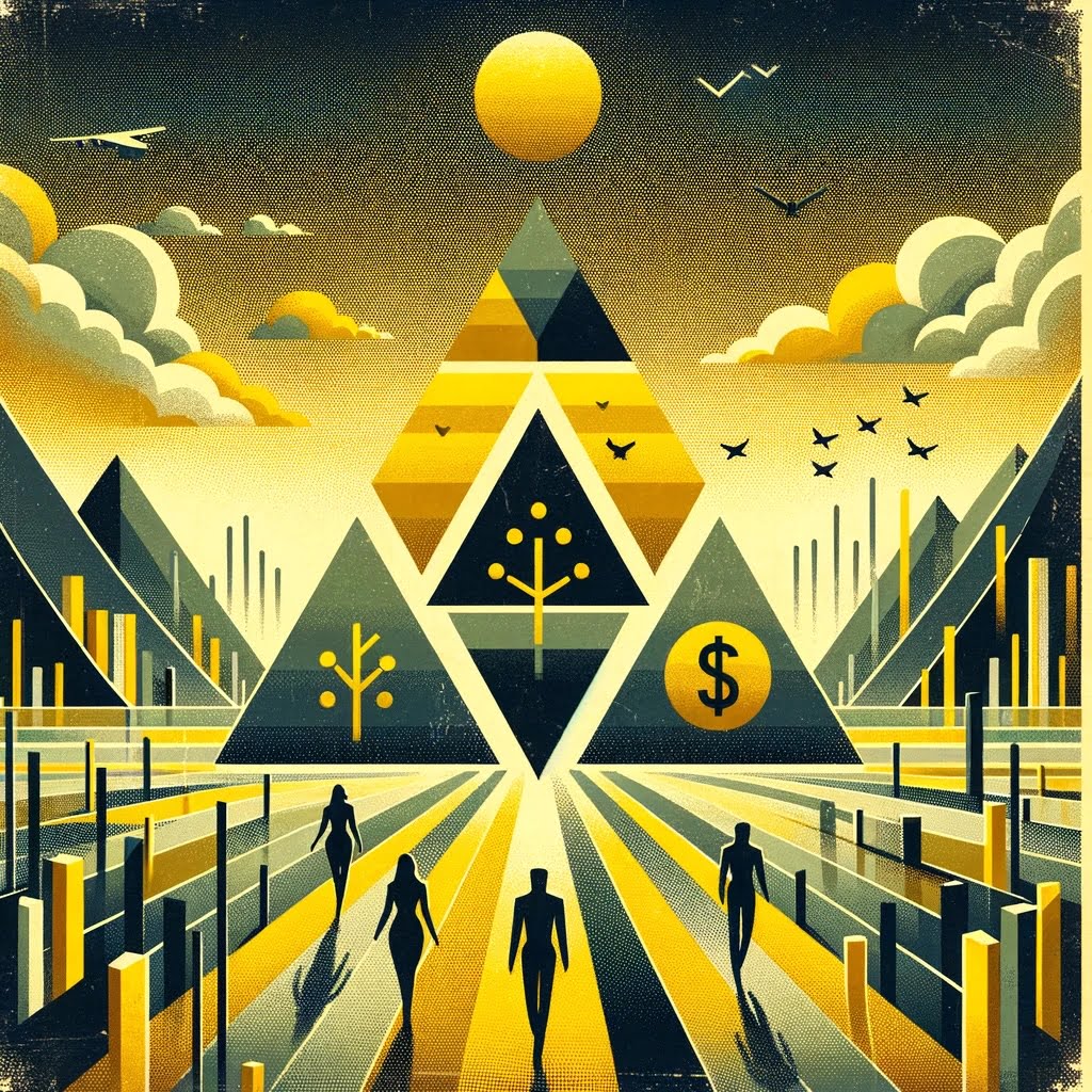 Tri-Force Portfolio," featuring cartoonish characters on a quest, each representing different investment strategies. The central motif, a stylized triangle divided into three parts, symbolizes the integration of these approaches against a backdrop filled with financial symbols.