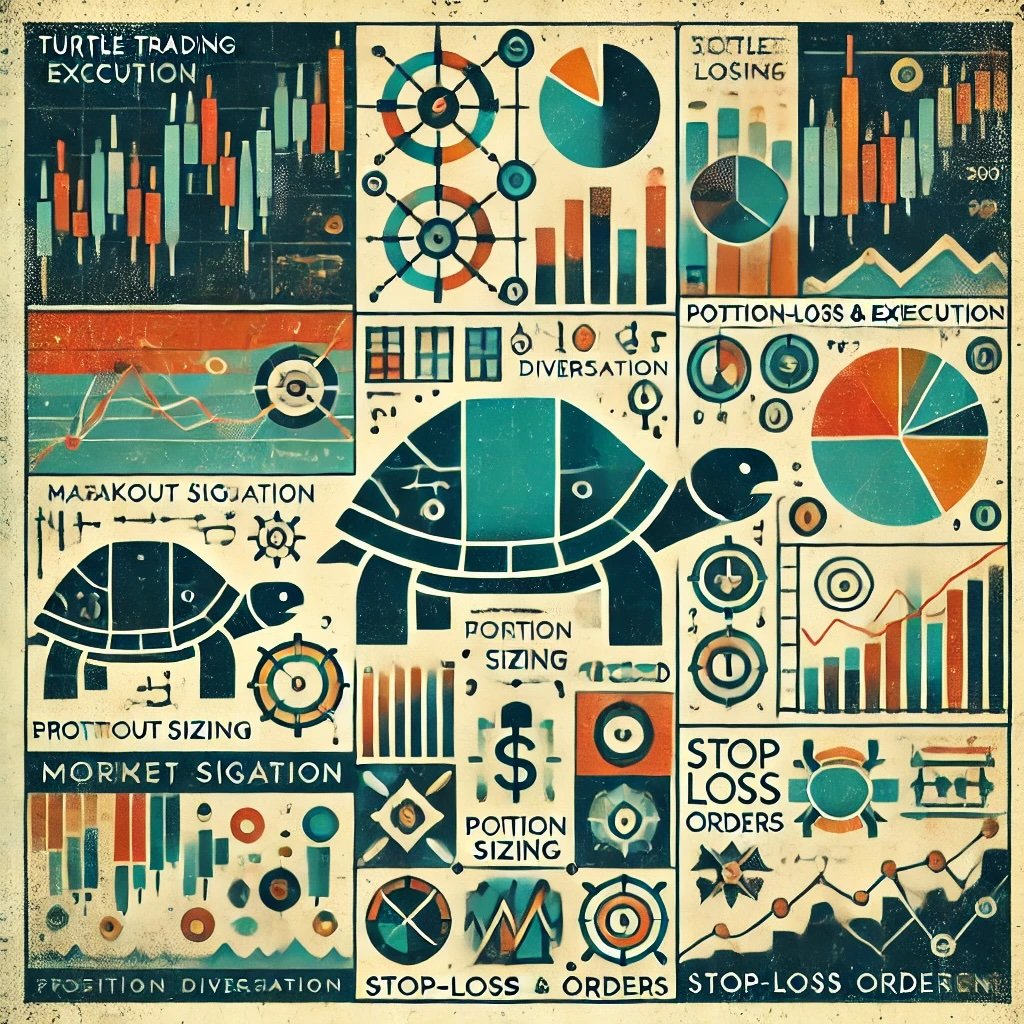 Turtle Trading Rules and Execution key elements like market selection, diversification, position sizing, stop-loss orders, and risk management