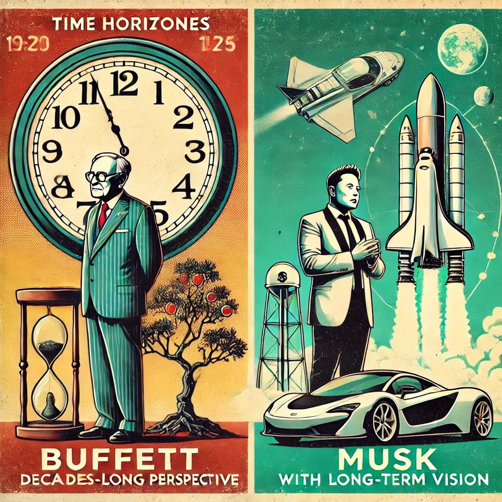 two approaches to time horizons and investment strategies: Buffett symbolizing patience and compounding over decades Musk a car prototype and a Mars colony