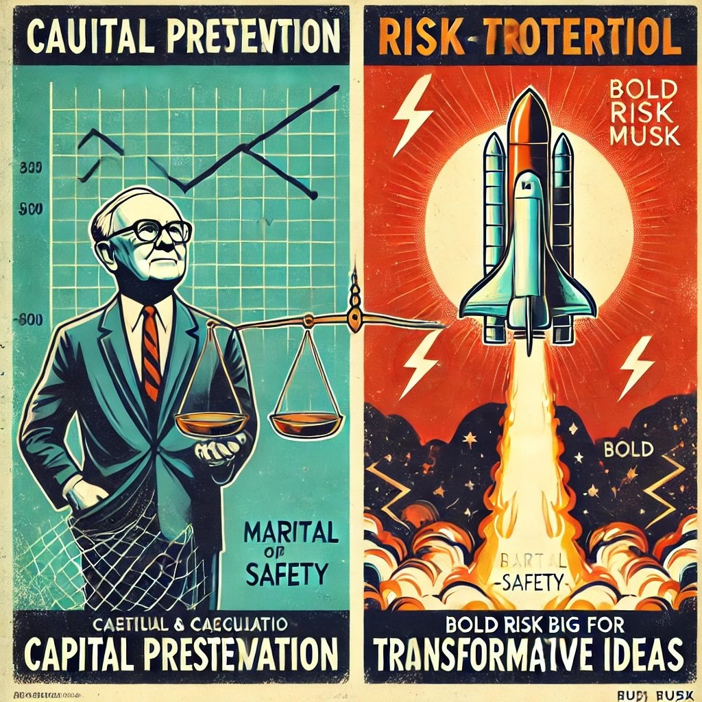 two attitudes toward risk: a figure resembling Buffett Capital Preservation opposite a figure resembling Musk stands beside a rocket high-stakes risk for transformative ideas