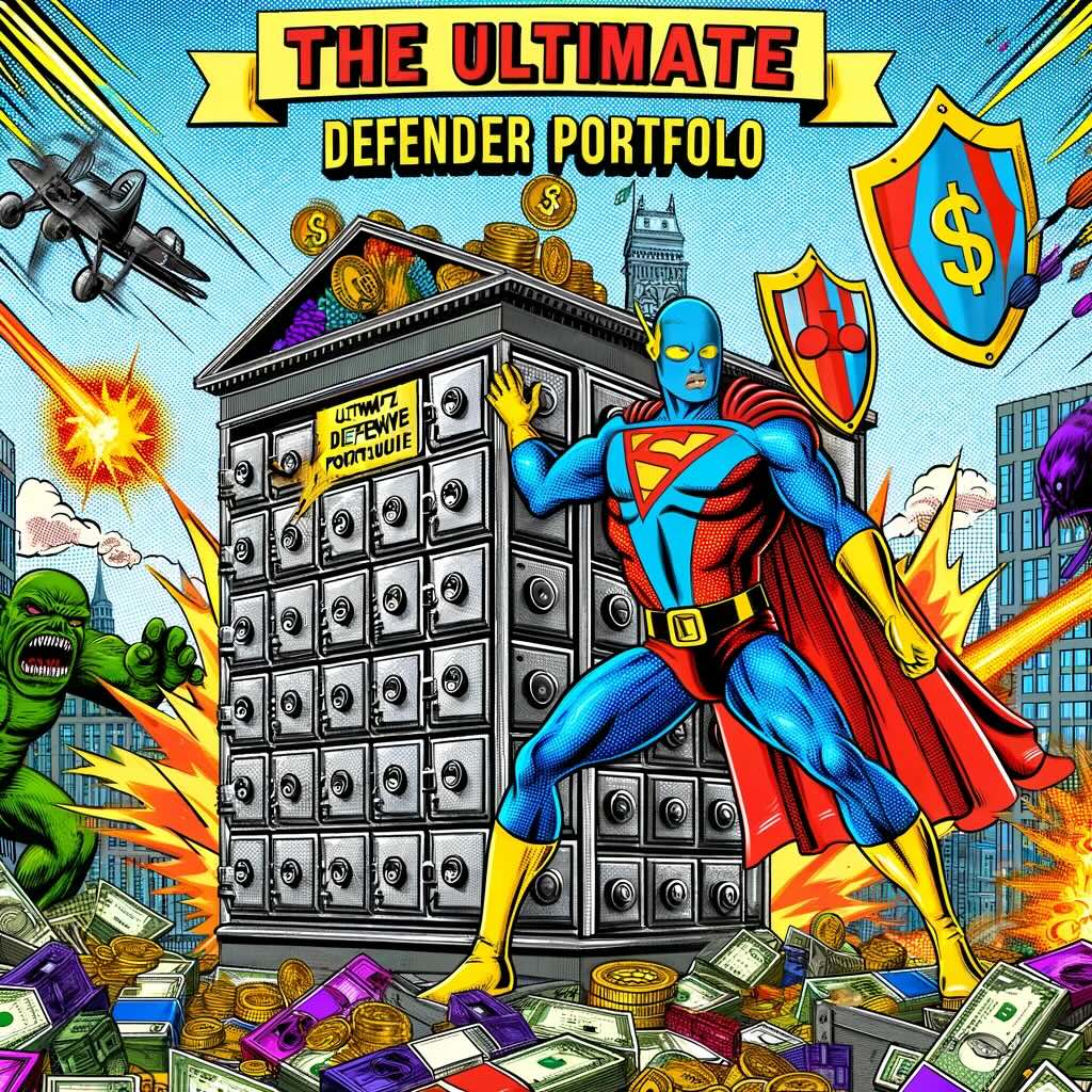 "Ultimate Defender Portfolio" image, portraying a superhero character embodying a robust defensive investment strategy. It captures the essence of safeguarding assets against market volatility and economic downturns with humor and exaggeration.