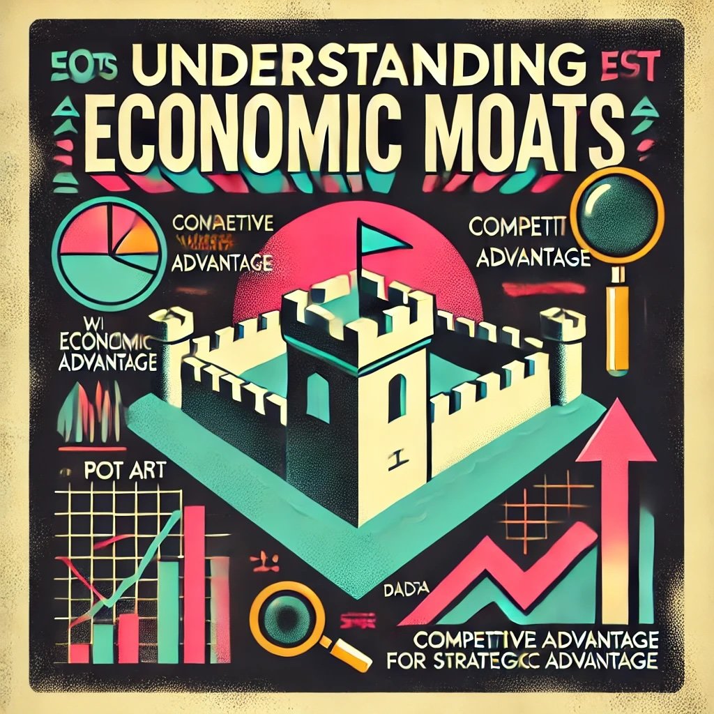 Understanding Economic Moats featuring a fortress with a wide moat to highlight the importance of economic moats in building a resilient and profitable investment strategy