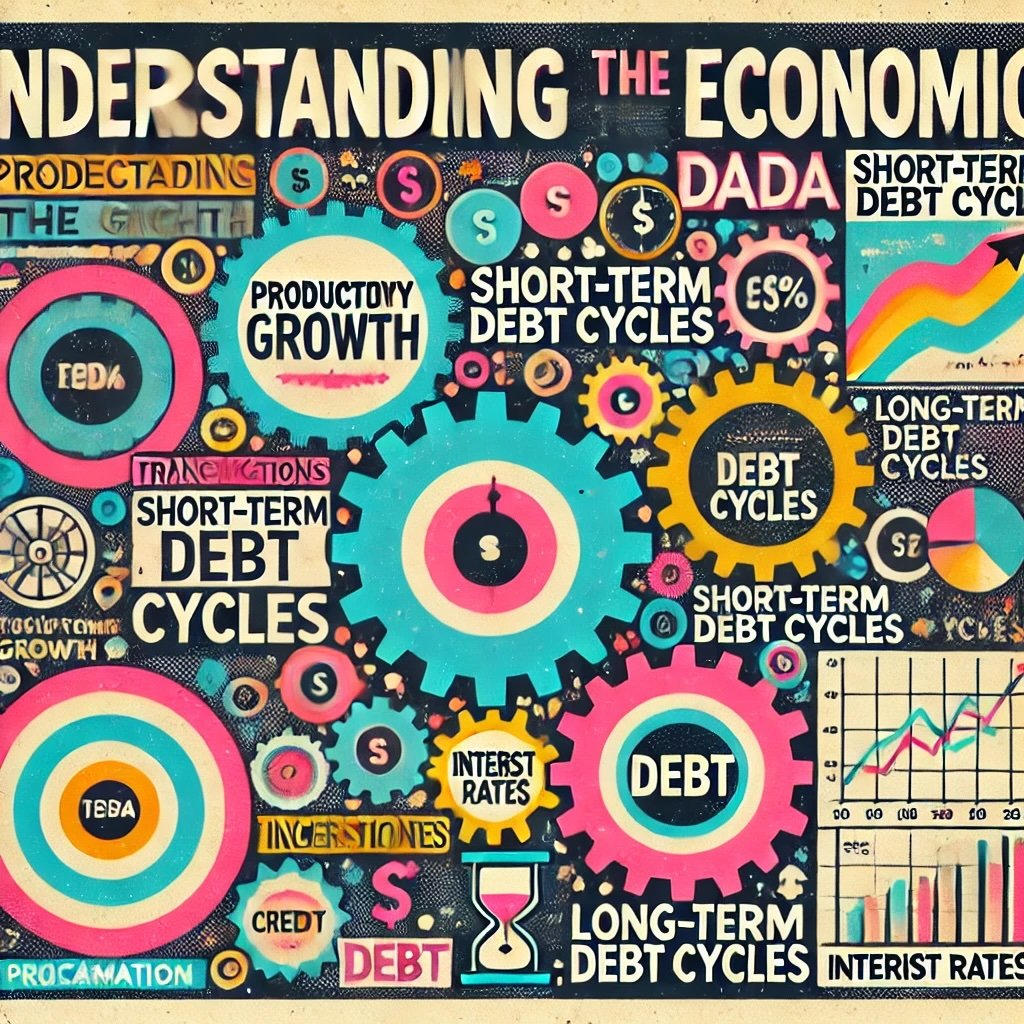 Understanding the Economic Machine illustrates key concepts like productivity growth, debt cycles, and transactions