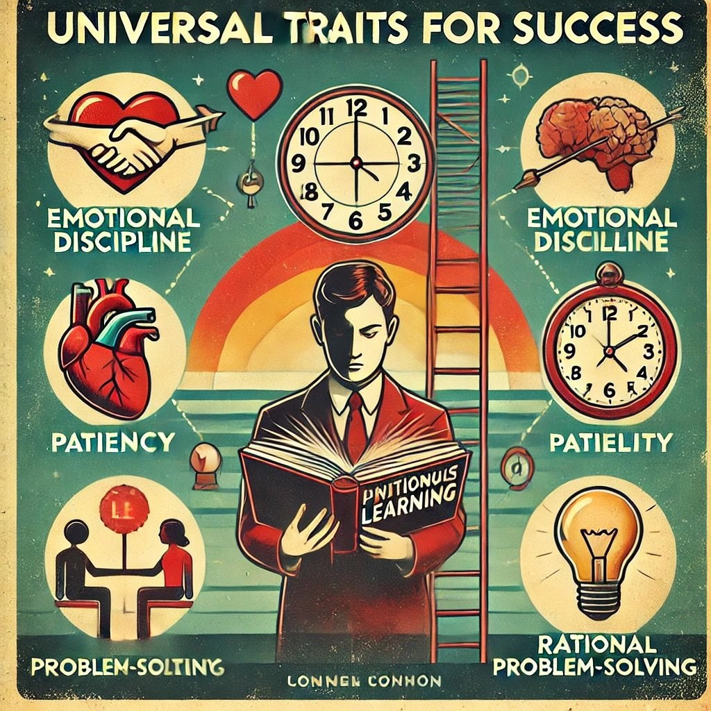 Universal Traits for Success book Continuous Learning icons representing Emotional Discipline (calm heart), Patience (clock), and Rational Problem-Solving (light bulb)