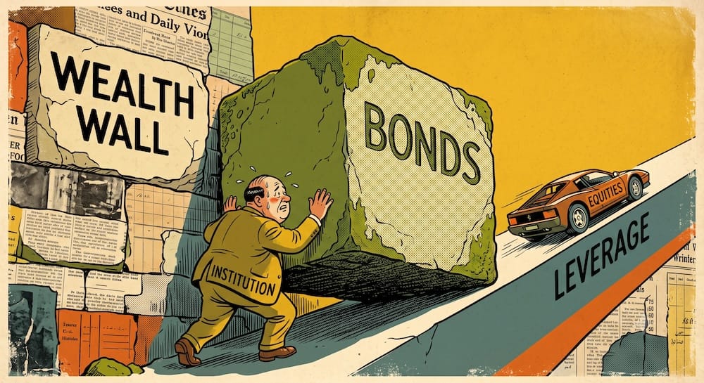 Escalando bonos de baja volatilidad: Cómo el motor de apalancamiento institucional esquiva la pared del capital no apalancado en Risk Parity Caricatura de un banquero etiquetado como 'INSTITUTION' haciendo fuerza mientras empuja un bloque de piedra colosal llamado 'BONDS' contra una barrera imponente y texturada llamada 'WEALTH WALL'. El collage de fondo enmarca la escena con titulares de diarios borrosos como 'Institutional Repo Market' y 'Unleveraged Risk-Parity'.