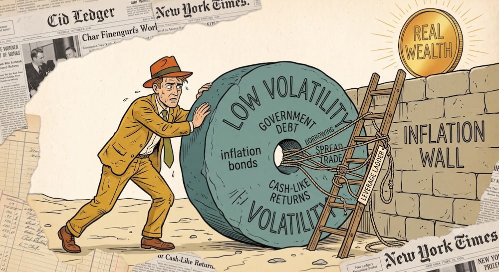 A worried man in a mustard yellow suit pushing a giant slate teal stone wheel across a barren land towards a wall labeled 'INFLATION WALL'. The colossal stone wheel is inscribed with 'LOW VOLATILITY' and 'CASH-LIKE RETURNS'. The investor attempts to use a fragile, unstable 'LEVERAGE LADDER' to cross the wall, but it is heavily tethered by ropes labeled 'BORROWING COSTS' and 'SPREAD TRADE'