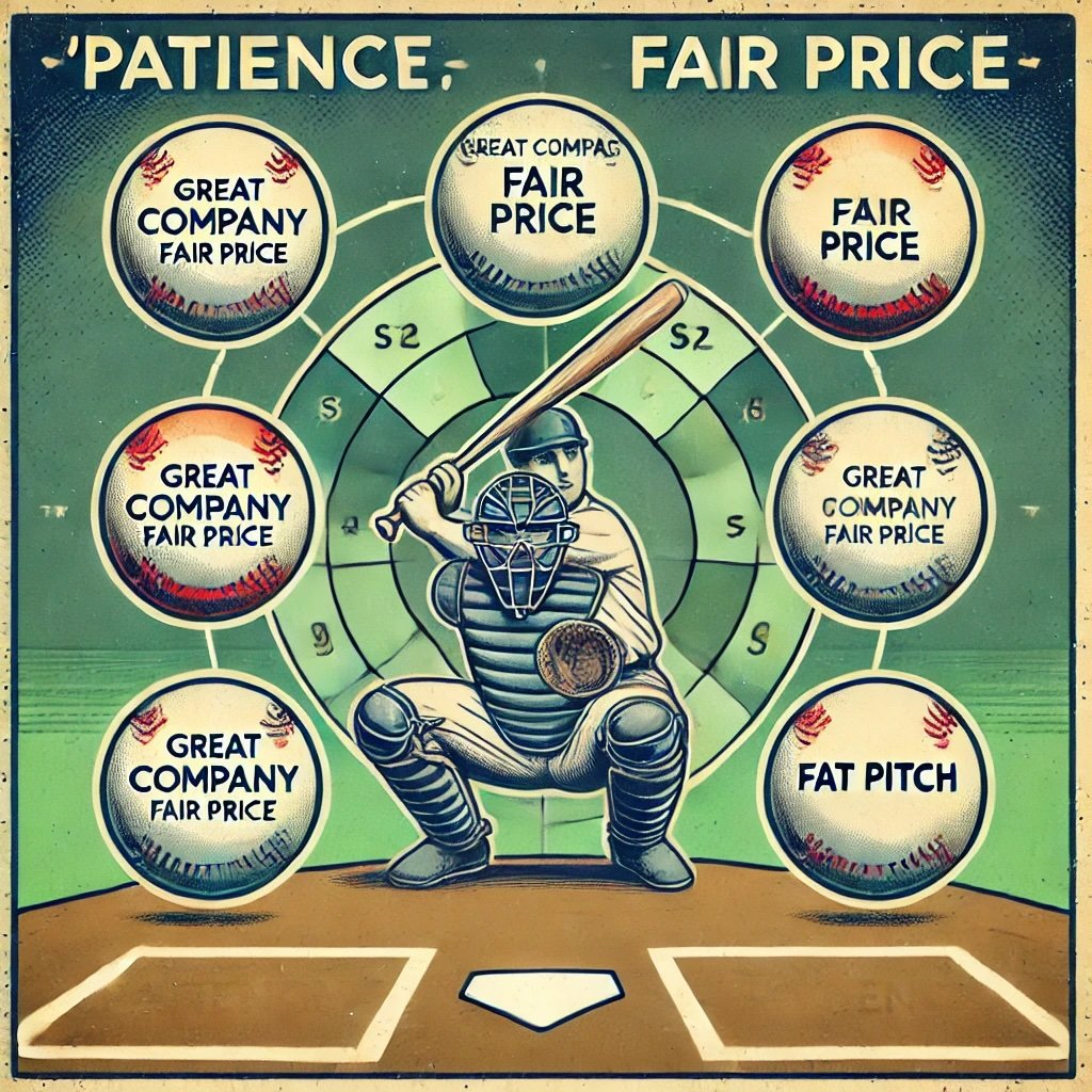 unwavering patience in investing, with a batter at home plate letting multiple baseballs labeled as various opportunities pass by with Great Company, Fair Price