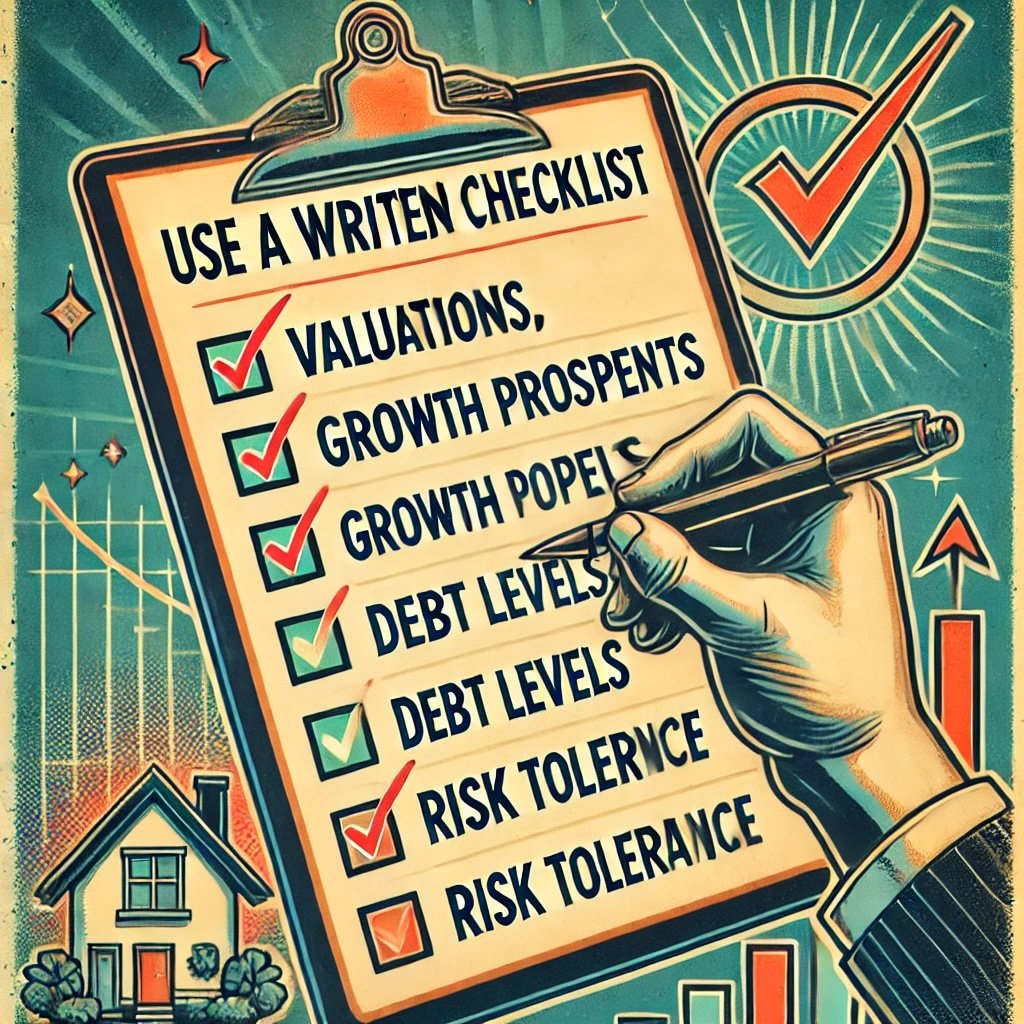 Use a Written Checklist" depicts a clipboard featuring key criteria like "Valuations," "Growth Prospects," "Debt Levels," and "Risk Tolerance," carefully reviewed by a figure holding a pen