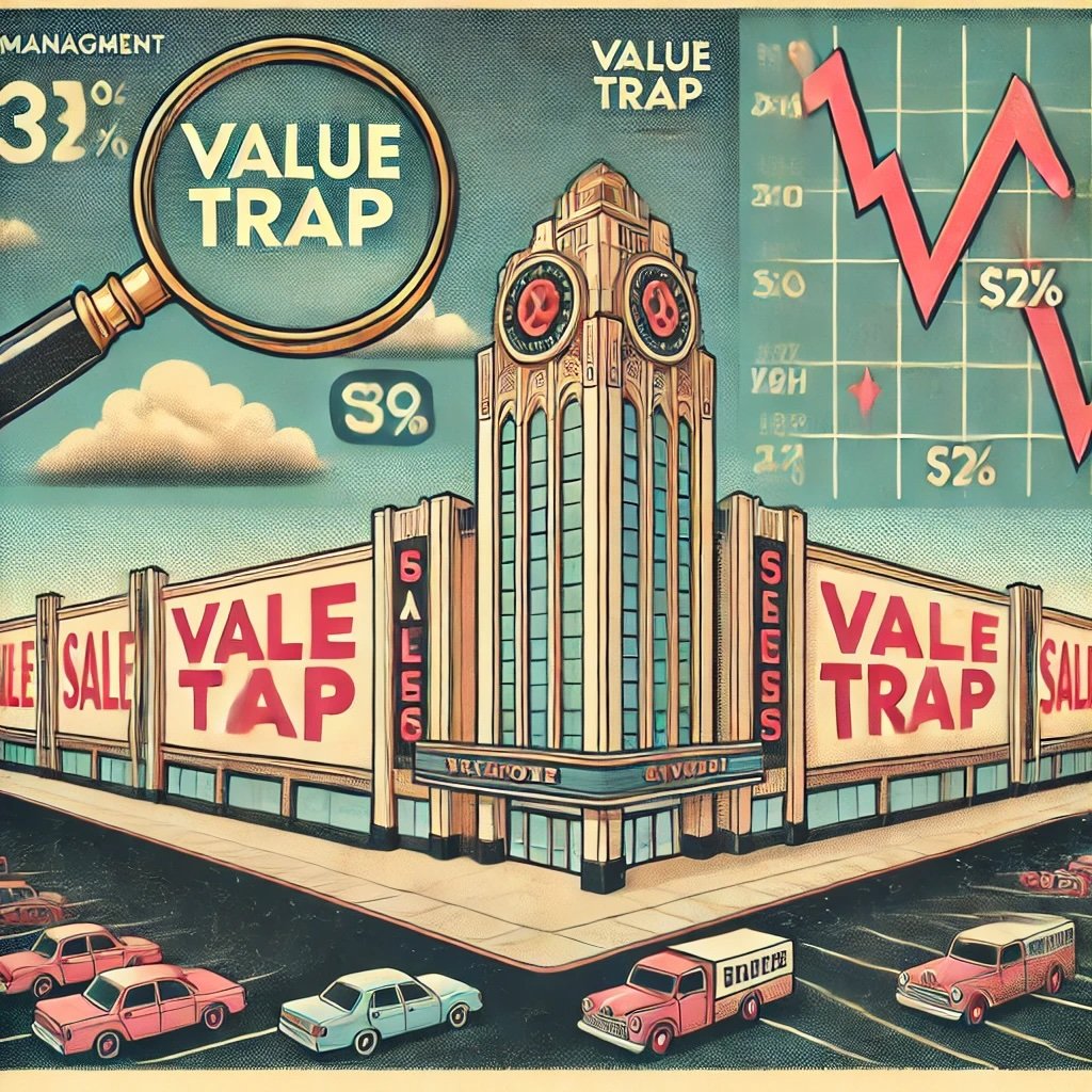 value trap concept through the lens of a struggling department store chain symbolizes challenges such as declining sales, outdated strategies, and misleading financial metrics