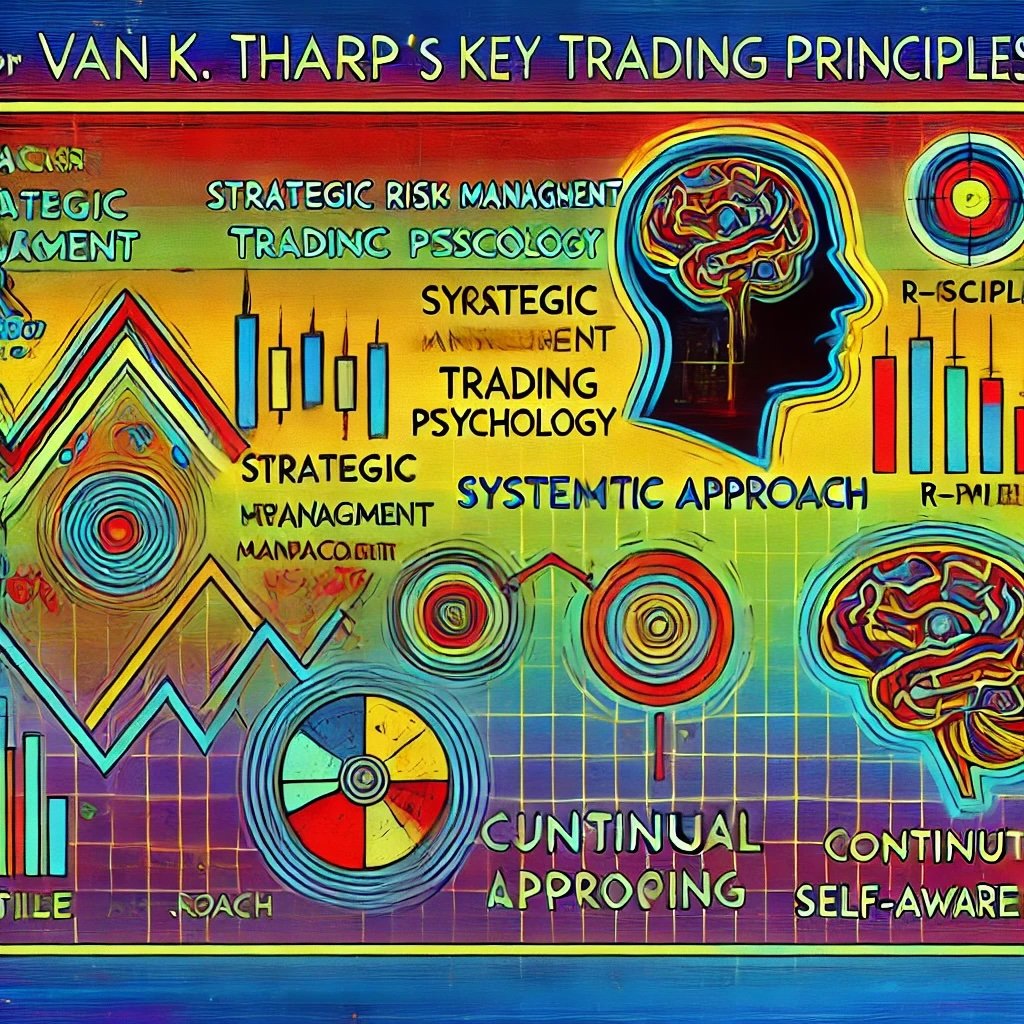 Van K. Tharp's key trading principles representations of charts, trading symbols, and psychological motifs, emphasizing concepts like risk management, trading psychology, and continuous learning