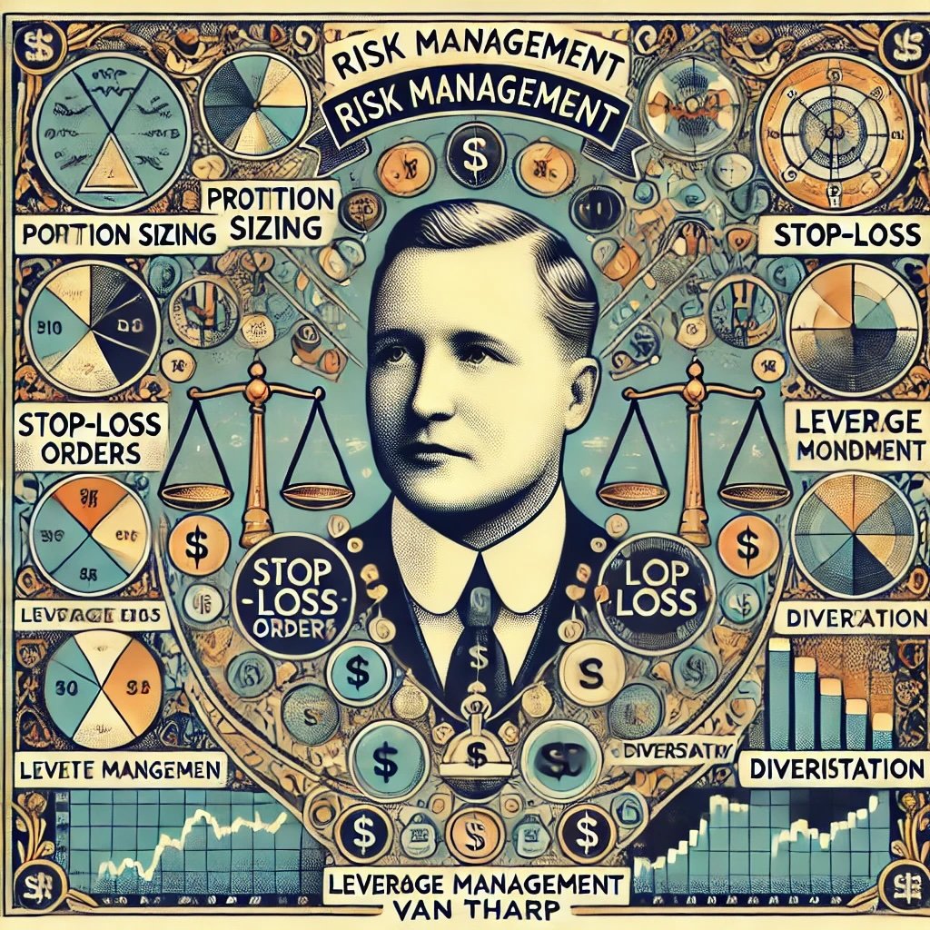 Van Tharp’s risk management techniques like position sizing, stop-loss orders, leverage management, and diversification to represent his detailed and disciplined approach to managing risk in trading.