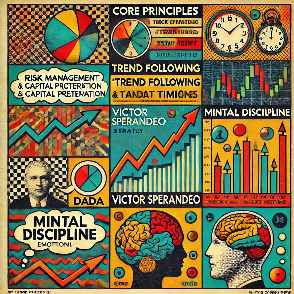 Victor Sperandeo's core trading principles showcasing key concepts like risk management, trend following, market timing, and mental discipline