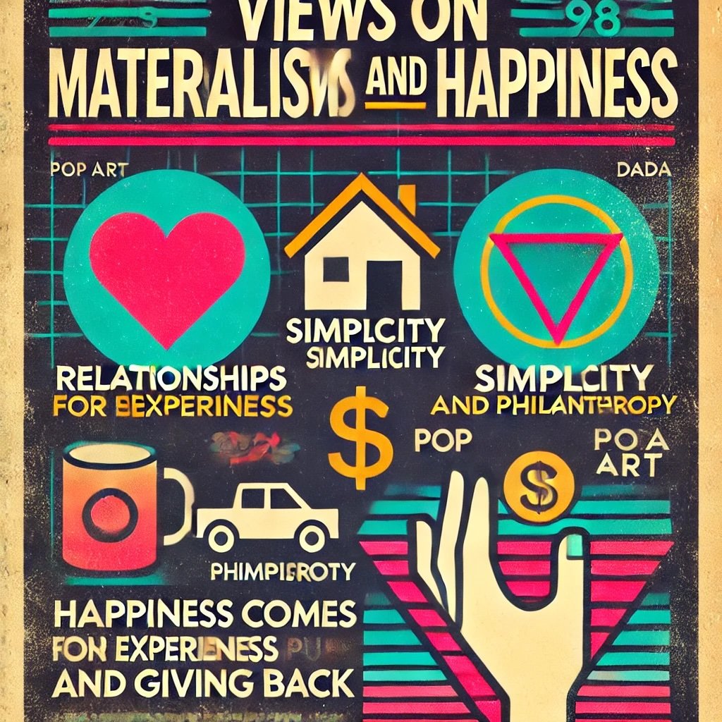 Views on Materialism and Happiness emphasizing Buffett's belief in finding happiness through purpose, relationships, and giving back rather than material wealth