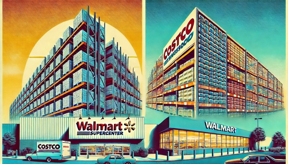 visualization of Costco and Walmart's distinct retail models, showcasing their unique approaches highlight their key differences