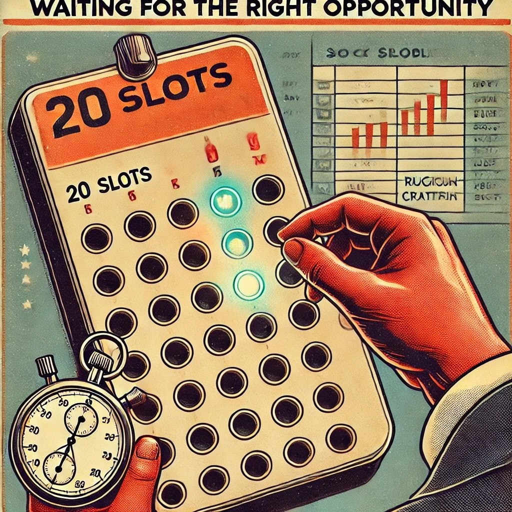 Waiting for the Right Opportunity portrays a punch card labeled 20 Slots with several unpunched spaces and a glowing stock symbol representing the ideal choice