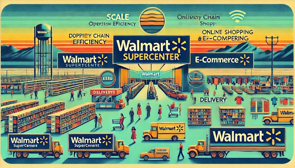 Walmart's scale, operational efficiency, and accessibility. It showcases a vibrant Supercenter with diverse shoppers, wide aisles stocked with groceries and electronics, and symbols of efficient supply chains like delivery trucks and e-commerce icons