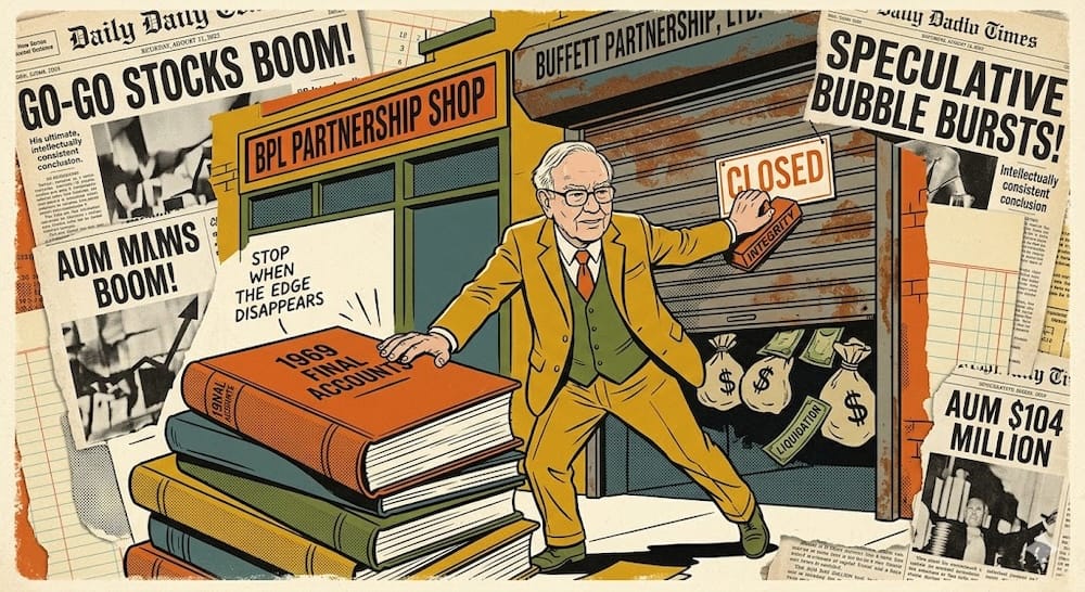 El cierre de la sociedad en 1969: Lección de integridad y disciplina. Warren Buffett bajando una persiana que dice Integrity en el taller de BPL en 1969.