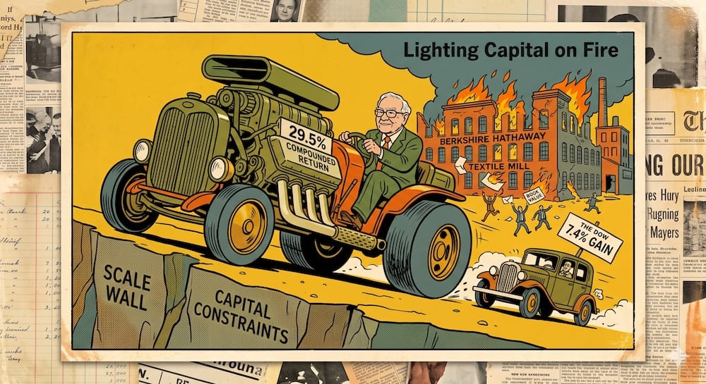 Warren Buffett in a hot rod labeled 29.5% Compounded Return driving over a cliff labeled Scale Wall and Capital Constraints, surpassing The Dow 7.4% Gain car as the Berkshire textile mill burns labeled Lighting Capital on Fire.