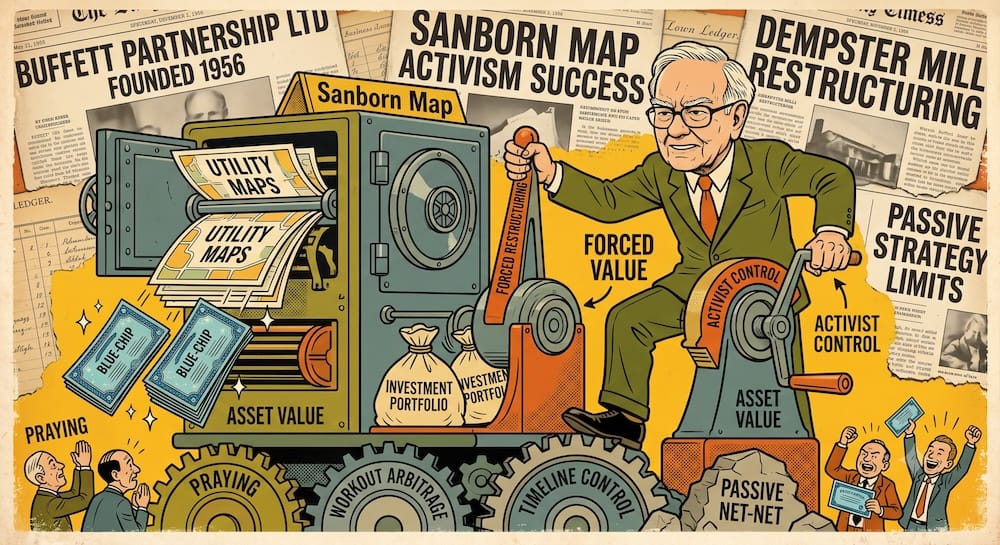 Gritty retro financial illustration shows Warren Buffett operating a mechanical press, labeled 'SANBORN MAP', forcefully converting maps into securities. His hand grips levers labeled 'ACTIVIST CONTROL' and 'FORCED RESTRUCTURING'. Collage background has faded newspapers like 'BPL ACTIVISM SUCCESS'.