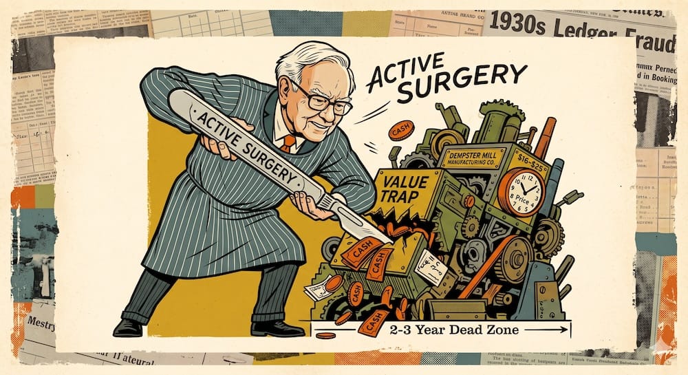 A determined Warren Buffett, in a pinstripe surgeon's gown, uses a massive scalpel labeled "ACTIVE SURGERY" to cut cash from a mechanical 'VALUE TRAP' machine. Background of 1930s newspaper clippings and old financial documents