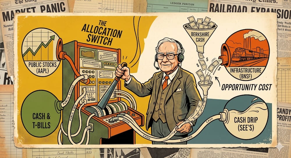 Warren Buffett caricatured as a switchboard operator directing 'BERKSHIRE CASH' away from 'PUBLIC STOCKS (AAPL)' to 'INFRASTRUCTURE (BNSF)' in a vintage newspaper collage. Text includes 'ALLOCATION SWITCH' and 'OPPORTUNITY COST'.