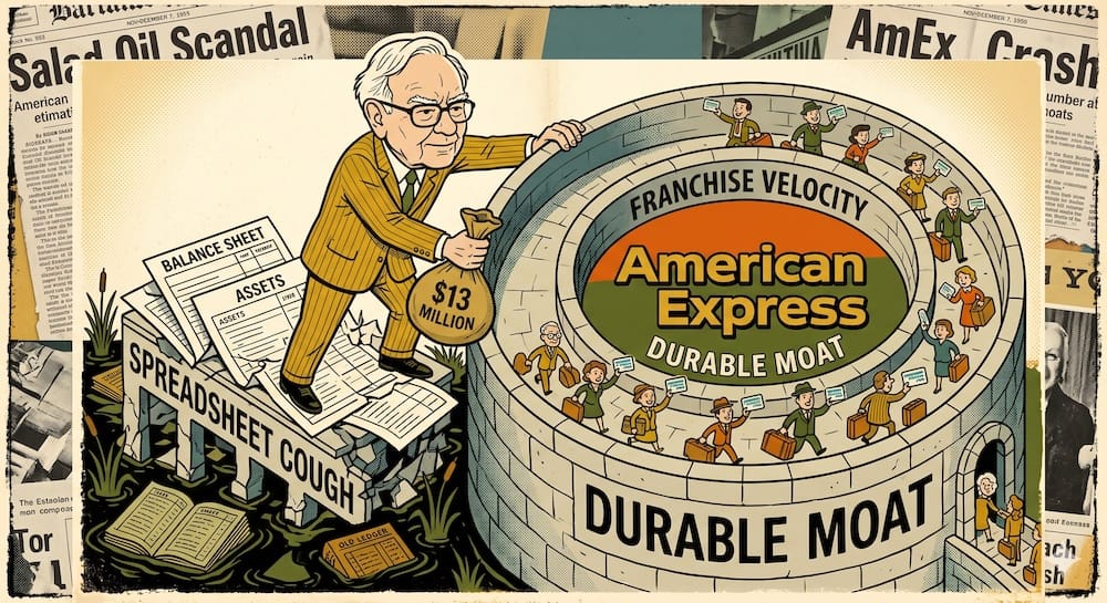 Warren Buffett caricature in a mustard suit protects a circular stone 'DURABLE MOAT' around the AmEx logo as small customers stream through, ignoring a broken 'BALANCE SHEET' structure labeled 'SPREADSHEET COUGH' sinking into a swamp. Halftone dot texture.