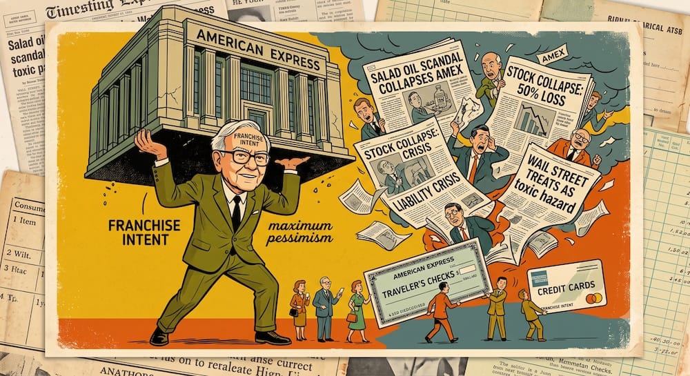 Gritty retro editorial illustration shows Warren Buffett caricature using strength to support a cracked 'American Express' bank, labeled with 'FRANCHISE INTENT' on his face, while ignoring chaotic 1963 scandal news and a financial storm.