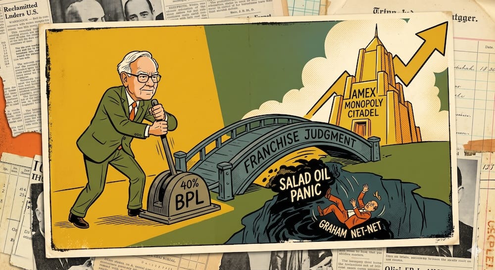 American Express 1964 Crisis Underwriting: Warren Buffett Throwing a 40% BPL Allocation Lever via Franchise Judgment. A young Warren Buffett throwing a massive lever marked '40% BPL'. A stone bridge labeled 'FRANCHISE JUDGMENT' spans over a dark pool of 'SALAD OIL PANIC' where a 'GRAHAM NET-NET' figure drowns, leading safely to a golden 'AMEX MONOPOLY CITADEL' with an upward-climbing arrow.