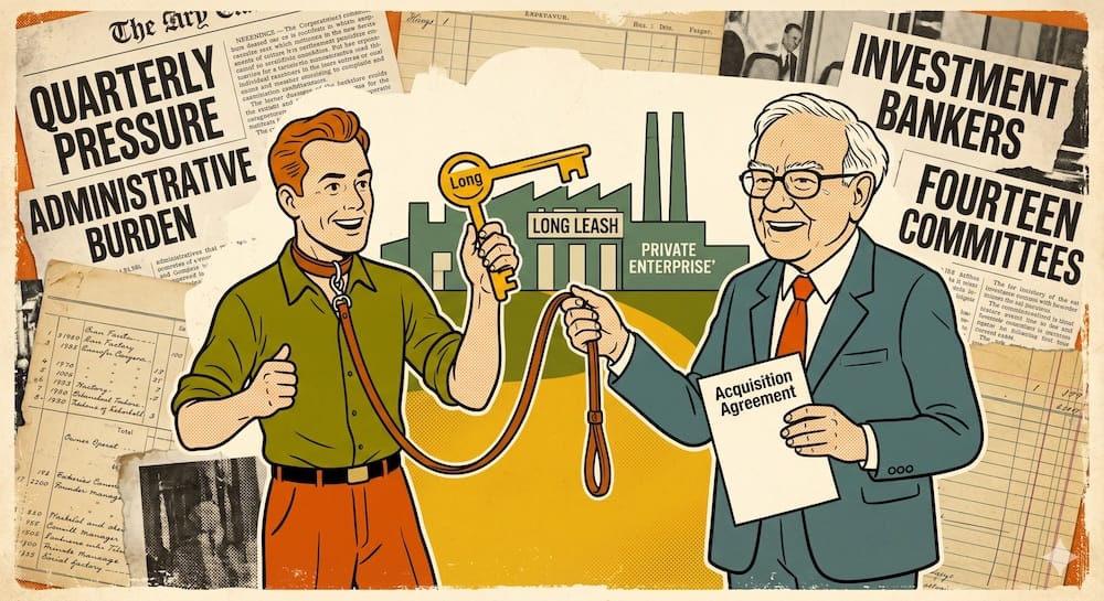 Berkshire Hathaway Acquisition Framework: Trust-Based Subsidiary Manager Autonomy Over Traditional Public Company Administrative Burden Warren Buffett handing a golden key to an autonomous founder manager on a long leash. Background collage features vintage ledger sheets and headlines targeting administrative burden.