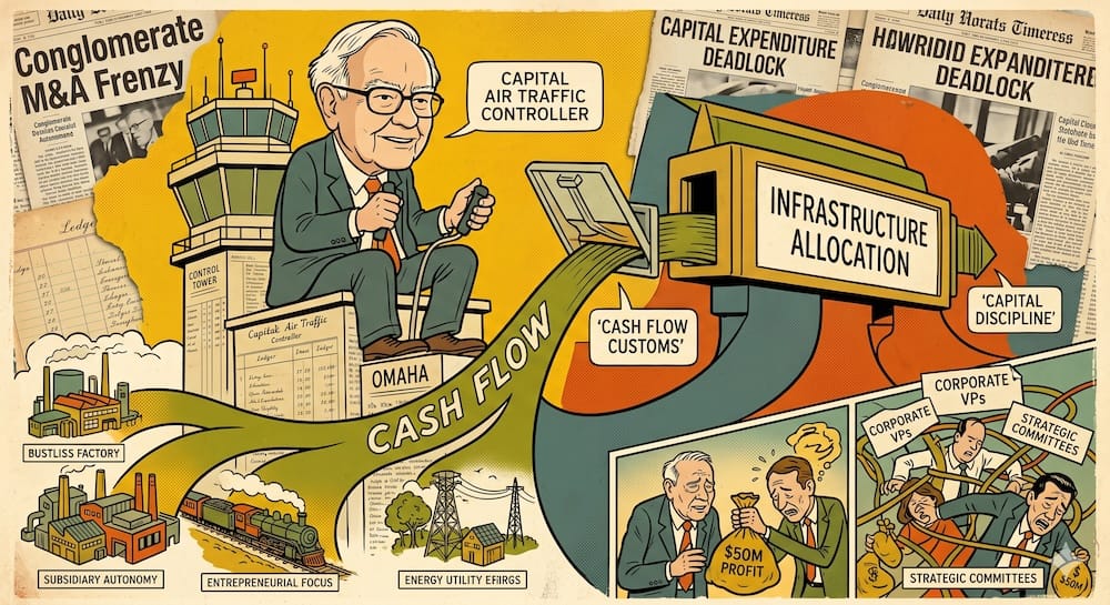 Berkshire Hathaway Capital Allocation Architecture: Centralized Air Traffic Control For Decentralized Subsidiary Cash Flows Warren Buffett as a capital air traffic controller in Omaha. He routes global subsidiary cash flow streams into a vault labeled Infrastructure Allocation while corporate VPs panic.
