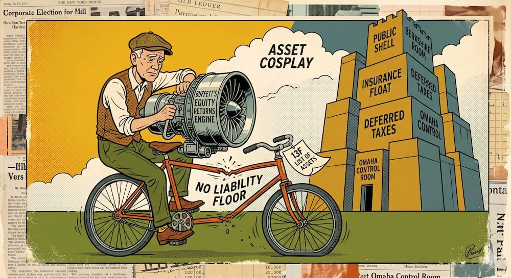 An investor riding a cracking bicycle labeled NO LIABILITY FLOOR while holding a heavy commercial jet engine labeled BUFFETTS EQUITY RETURNS ENGINE under an ASSET COSPLAY headline