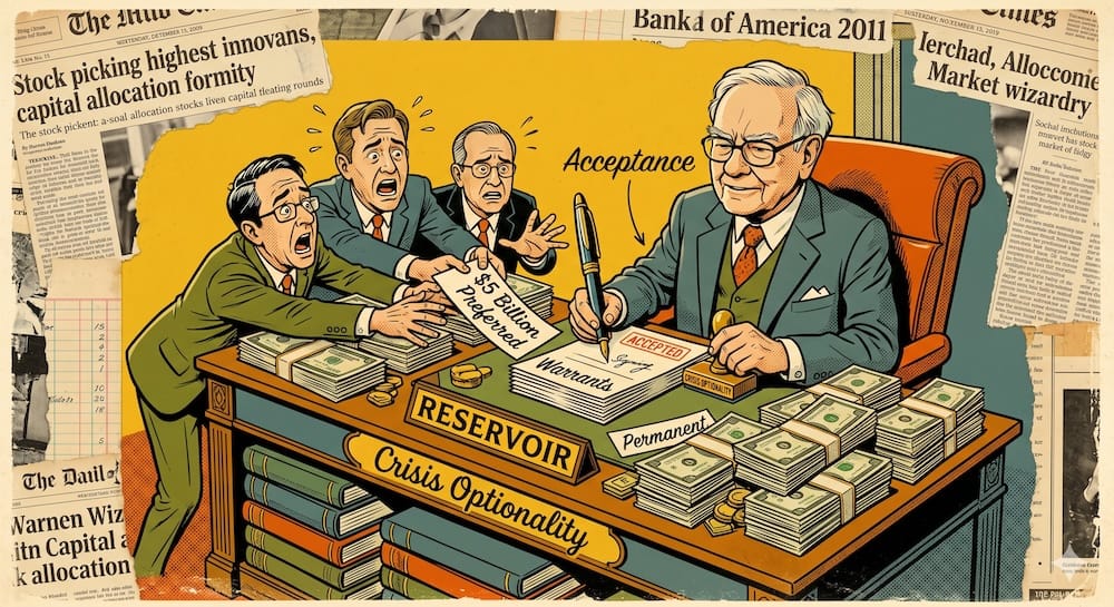 Warren Buffett sentado en un escritorio de Reservorio sellando papeles de Acciones Preferenciales y Warrants para Goldman Sachs, Bank of America y Occidental Petroleum usando un sello de Opcionalidad de Crisis mientras otros entran en pánico.