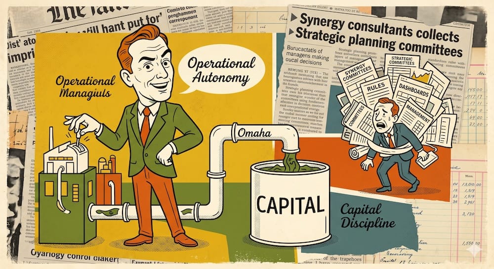 The Berkshire Hathaway Operating Model: Decentralized Operational Autonomy Versus Centralized Capital Allocation Mechanics Showcasing the Berkshire Hathaway operating model. Left: an autonomous manager pulls a cash lever labeled Operational Autonomy. Right: a panicked conglomerate manager is buried under bureaucratic dashboards. Center: cash routes to an Omaha capital vault.