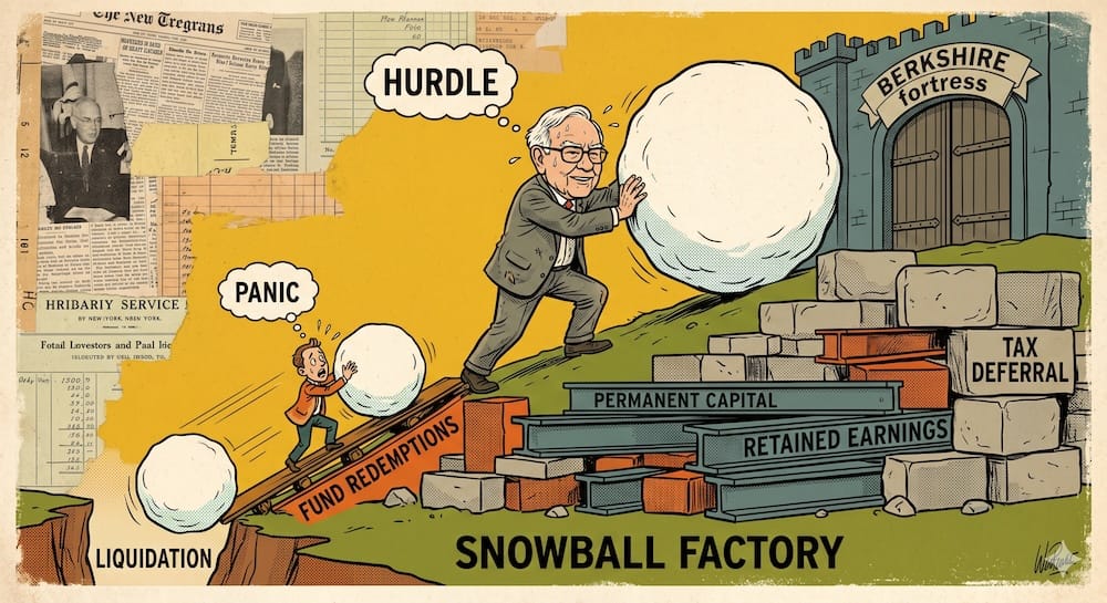 Warren Buffett empujando una enorme bola de nieve subiendo una montaña de bloques estructurales reforzados. Se ve a inversores minoristas cayendo hacia atrás mientras los bloques están etiquetados con mecanismos financieros incluyendo Capital Permanente y Fricción Fiscal Postergada.