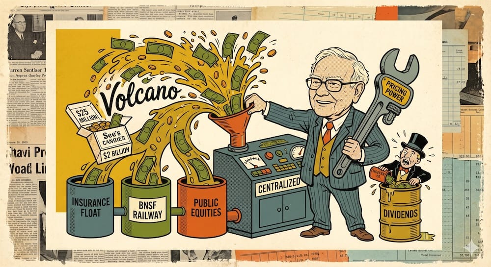 Warren Buffett en una consola de Centro de Compensación de Capital manejando un volcán de efectivo con monedas fundidas saliendo de una caja de See's Candies de 25 Millones y una matriz de 2 Mil Millones de ganancias, dirigiendo los fondos hacia sleeves industriales de Seguro, BNSF Railway y Acciones Públicas.