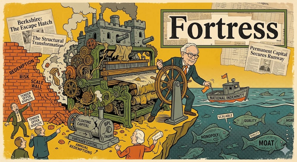 Warren Buffett steering a large ship wheel labeled 'PERMANENT CAPITAL' next to a factory transformed into a castle fortress. Nearby, a toy boat labeled 'NATIONAL INDEMNITY' sails over fish labeled 'MOAT'.