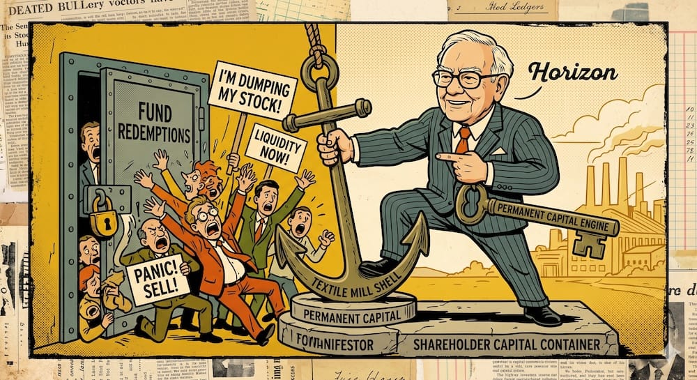 Una caricatura de Warren Buffett plantando un ancla enorme en una base estructural etiquetada como Fábrica Textil y Capital Permanente, bloqueando un grupo de inversores en pánico con carteles de Rescates de Fondos que no pueden retirar dinero del sistema cerrado durante una caída del mercado.