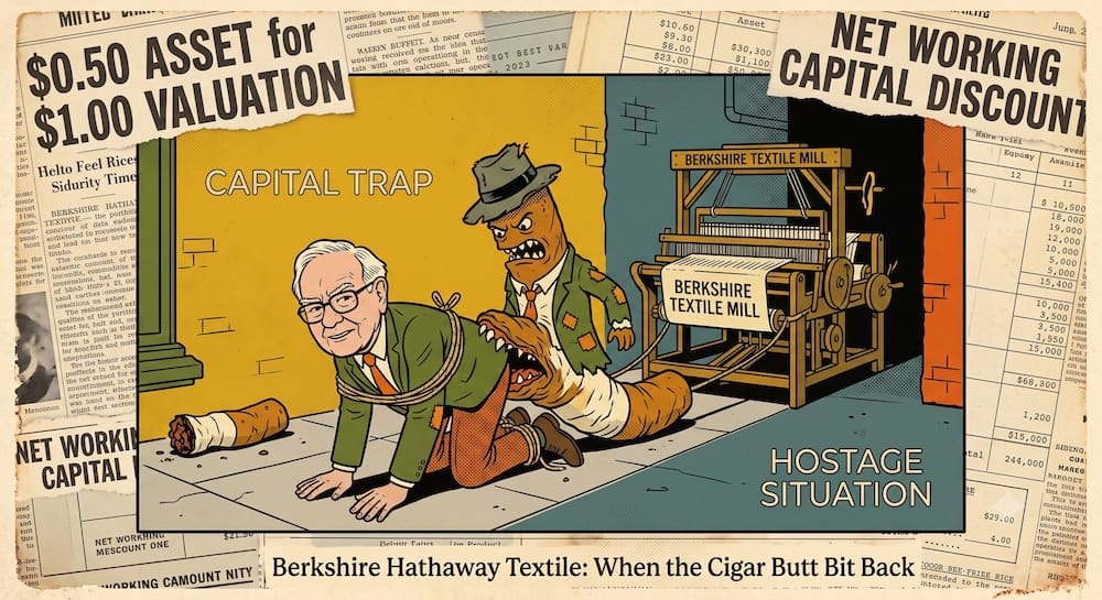 Warren Buffett as a portfolio mechanic is trapped on hands and knees, bound and gagged on a sidewalk. The animate cigar butt has clamped its tobacco-leaf jaws onto his leg, its patched hat askew. A heavy textile loom, labeled 'BERKSHIRE TEXTILE MILL', is dragging him into a dark alley.
