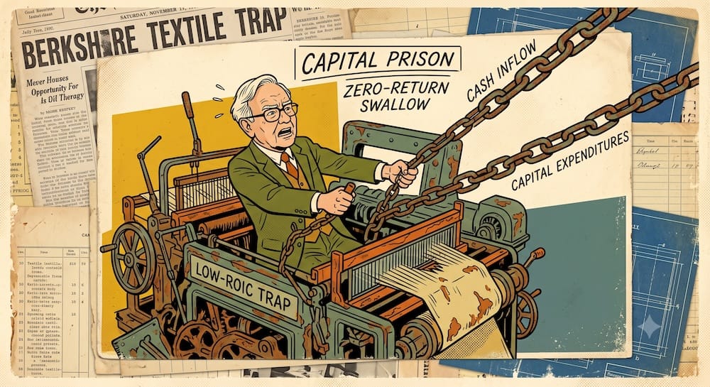 Warren Buffett Berkshire Hathaway Low ROIC Textile Mill Capital Prison Mechanism Illustration Financial editorial cartoon illustrating Warren Buffett chained inside a rusty textile loom labeled 'LOW-ROIC TRAP.' Background features vintage newspaper clippings with the headline 'BERKSHIRE TEXTILE TRAP' and embedded ledger fragments.