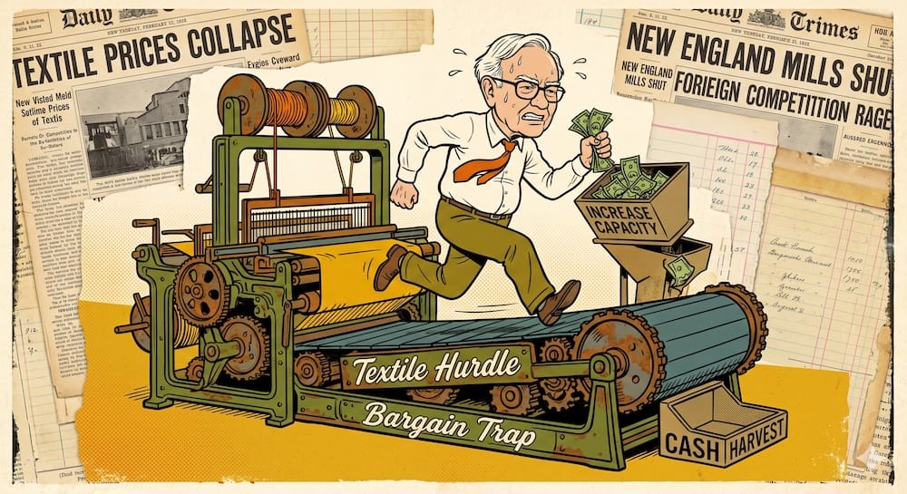 Caricatura estilo Ligne Claire de Warren Buffett corriendo en una cinta de correr que es un telar mecánico gigante gastando billetes
