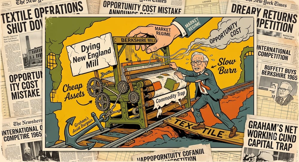 Warren Buffett caricature desperately pushing a broken textile loom uphill, labeled 'Berkshire Mill' and 'Commodity Trap', which is anchored to the ground by a 'Graham Asset Bargain'. Above him, a giant hand from the 'Market Regime' presses down, generating 'DREARY RETURNS' smoke. The panel is a collage of vintage newspapers detailing the 'Slow Burn' opportunity cost.