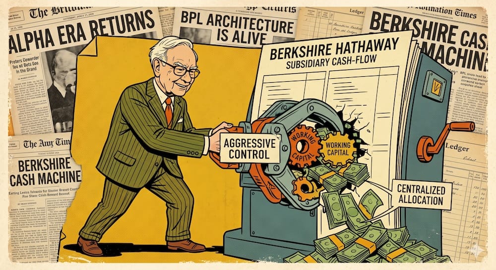 BPL Architecture: Visualizing Warren Buffett’s Immutable Core Operating Mechanisms and Structural Assets. Warren Buffett wields an industrial 'AGGRESSIVE CONTROL' claw, ruthlessly extracting working capital and cash from a giant personified 'BERKSHIRE HATHAWAY SUBSIDIARY CASH-FLOW' balance sheet, labeled with precise numerical data.