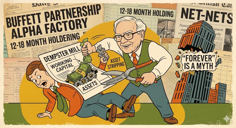 Kicking Over the Shrine: A Visual Audit of Early Buffett’s Unconstrained Aggression. Warren Buffett aggressively extracting gears and cash labeled 'ASSETS' and 'WORKING CAPITAL' from a personified balance sheet labeled 'DEMPSTER MILL'. Collage background elements include newspaper clippings with headlines like '12-18 MONTH HOLDING'. Embedded phrases read 'AGGRESSIVE CONTROL' and 'FOREVER' IS A MYTH.