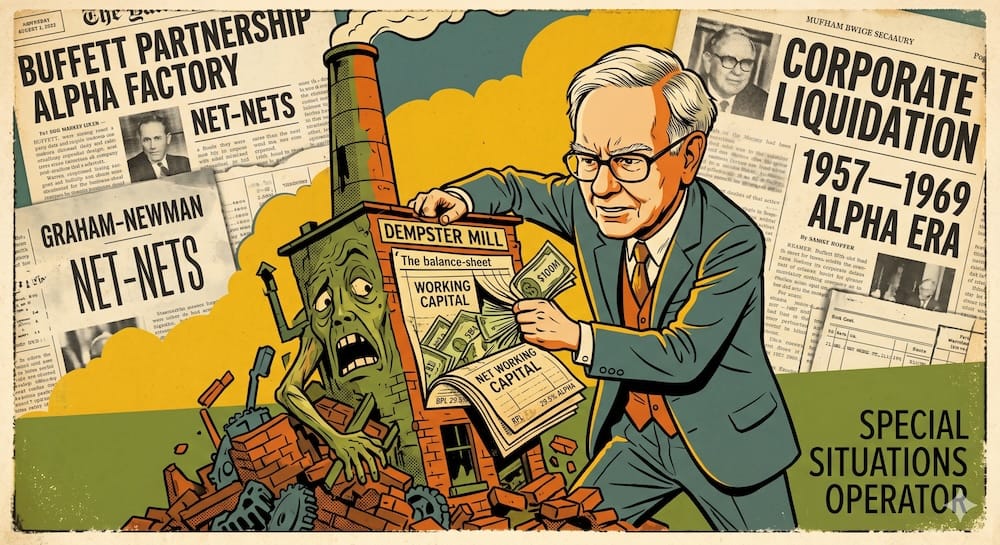 Warren Buffett BPL Alpha Factory: Kicking over the shrine with Net-Nets, Workouts, and Controls. Warren Buffett as a 1930s special situations operator, physically extracting working capital from a personified 'Dempster Mill' factory building, which is labeled with specific historical numbers and ledger notes. Collage background shows actual newspaper headlines referencing the 1957–1969 alpha era.