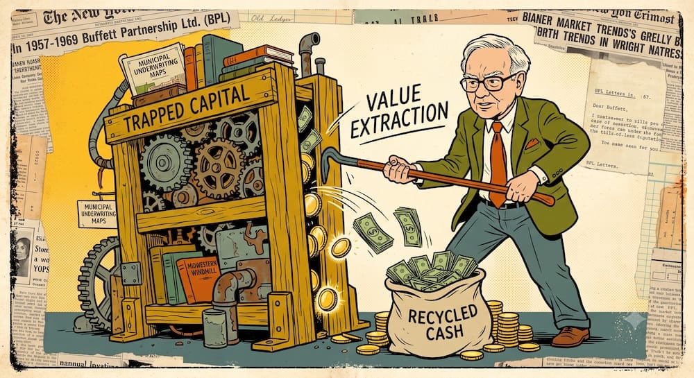 Warren Buffett BPL Partnership Era: Quantitative Value Extraction And Asset Realization Mechanics From Trapped Capital Enclosures Warren Buffett in a green suit jacket using a crowbar to pry cash from a wooden machine labeled Trapped Capital into a sack labeled Recycled Cash, backed by vintage BPL partnership letters and ledger sheets.