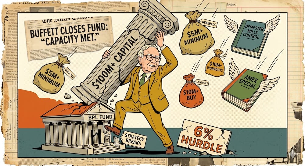 Warren Buffett lifting a cracking column labeled '$100M+ CAPITAL' which crushes a temple labeled 'BPL FUND'. Flying bags and books labeled 'GENERALS', 'WORKOUTS', and 'AMEX SPECIAL' surround the scene above a broken '6% HURDLE' stone.